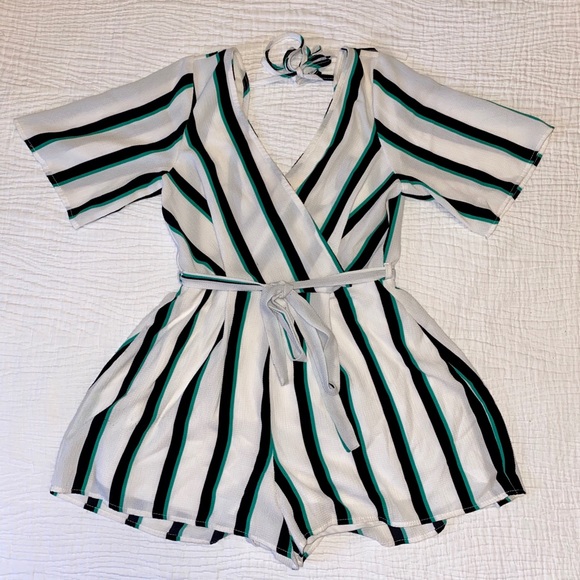 black/green/white striped romper - Picture 1 of 2